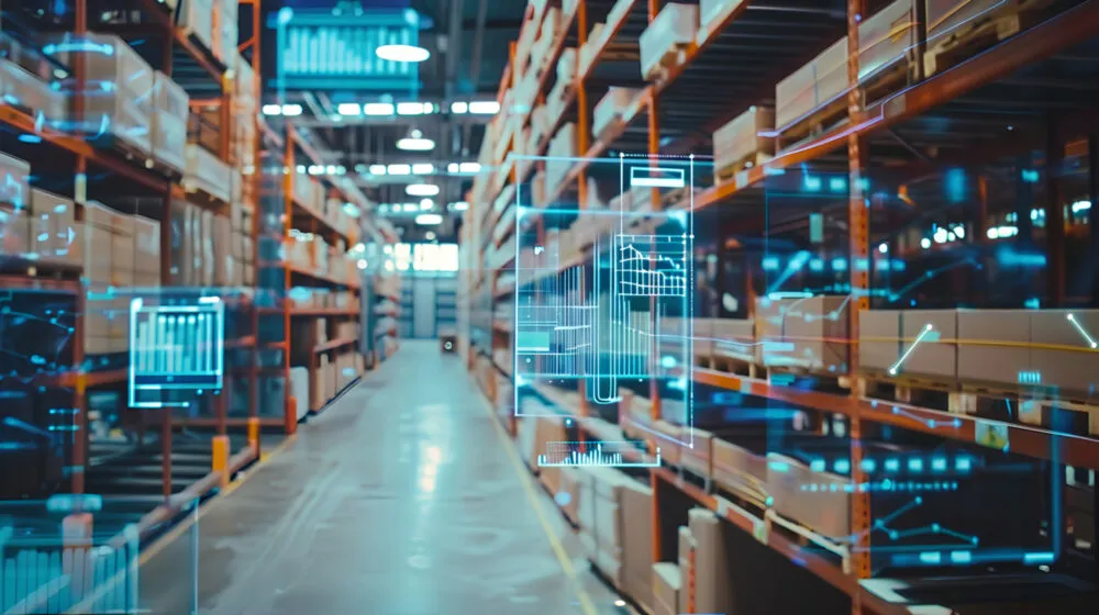 Allée d'entrepôt où des données de réalité augmentée se superposent aux palettes