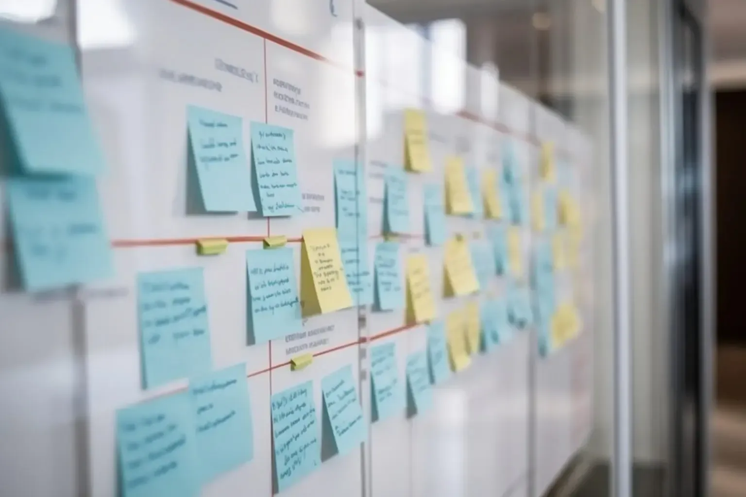 blurred background of a whiteboard with project plans and timelines business