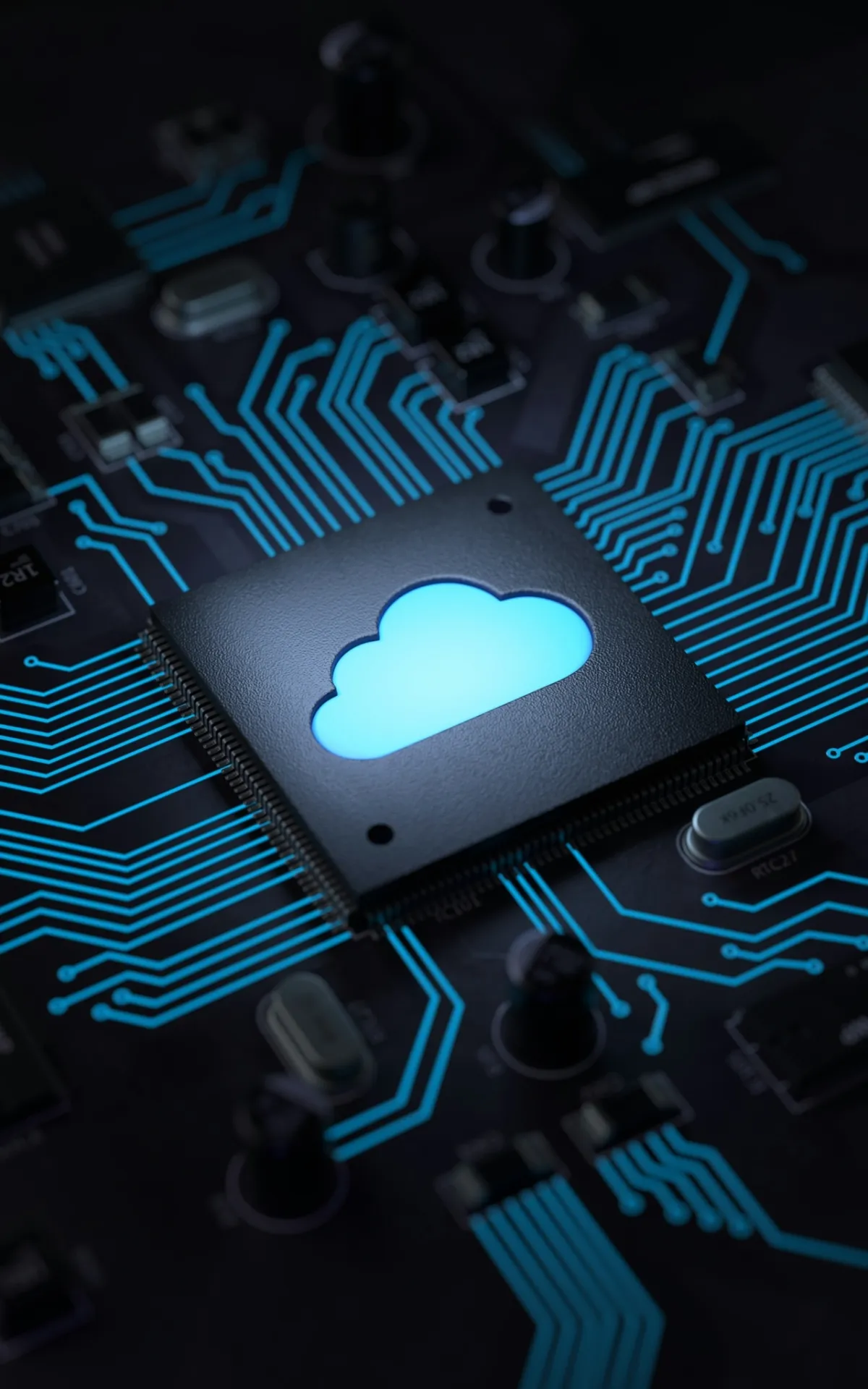 Cloud icon etched on a circuit board