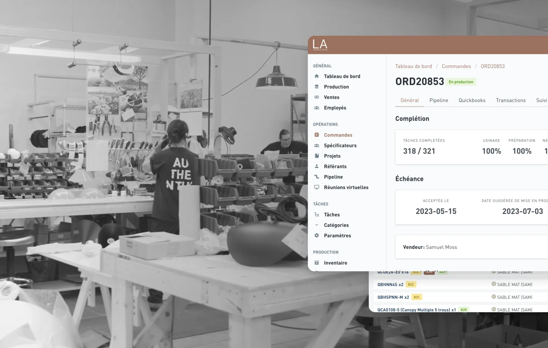 Atelier de Luminaire Authentik et interface de suivi des commandes