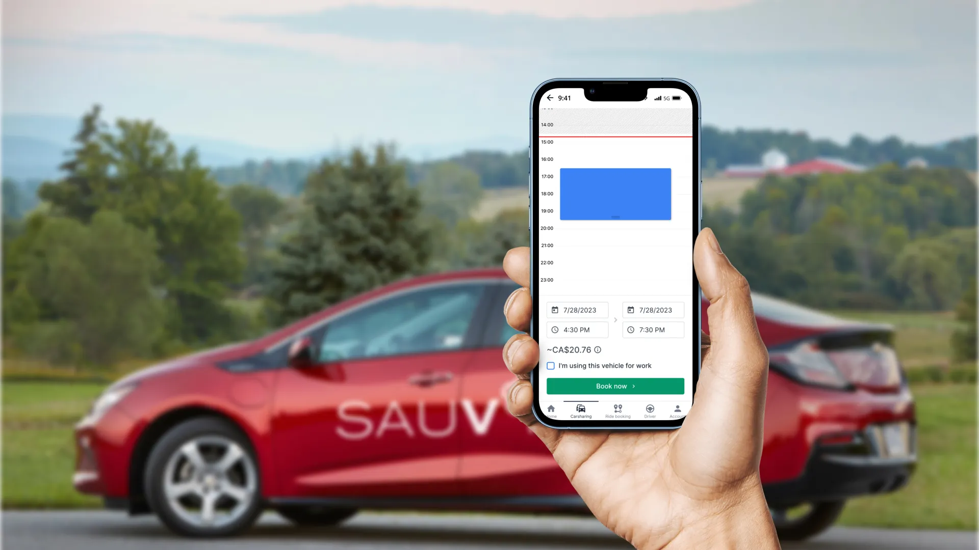 Phone showing the Sauvé app in front of a red car